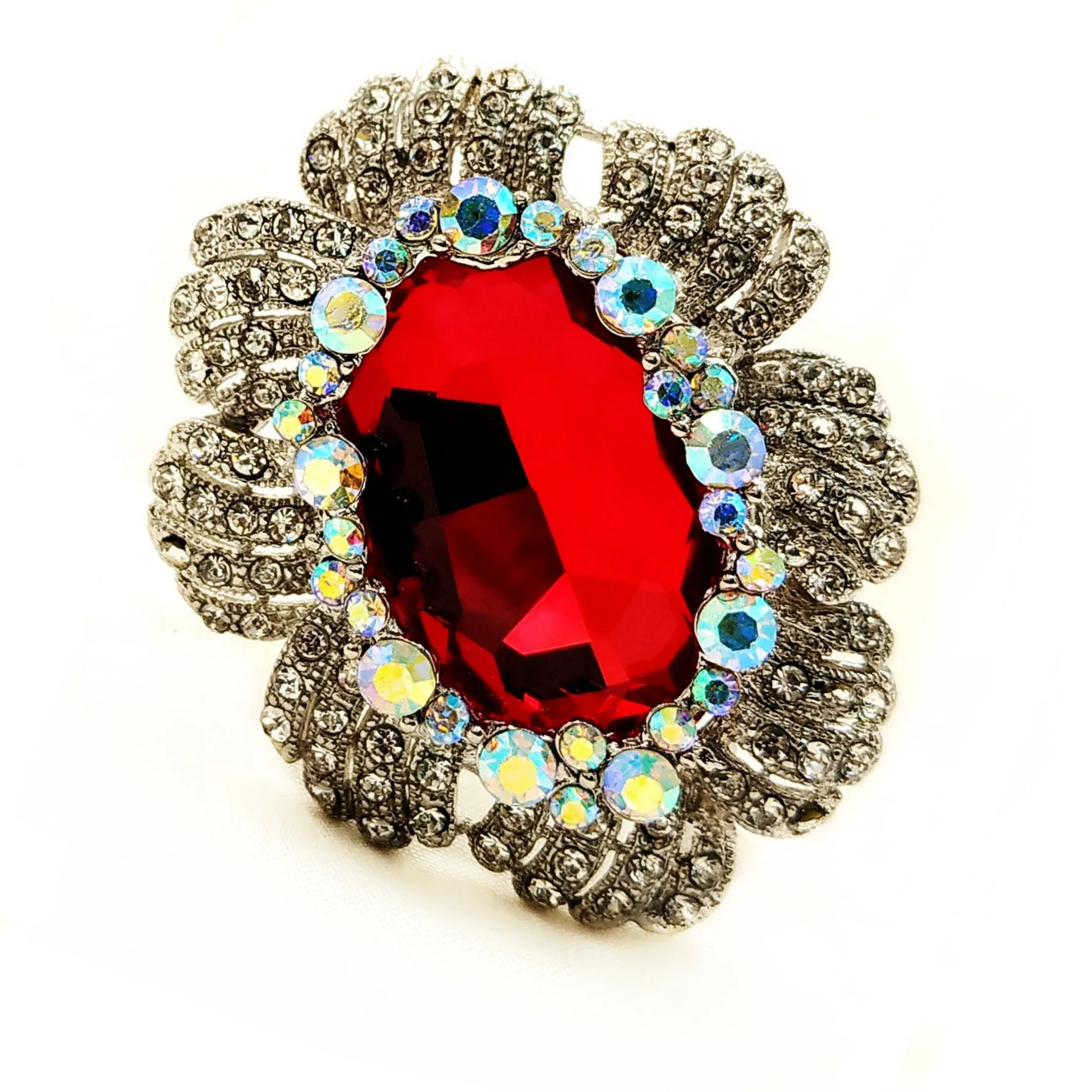 Jewelblings Nature Inspiration AB Crystal Accent Oval Shaped Flower Hot Pink Green Red Stone Women Brooches and Pins Vintage Costume Jewelry