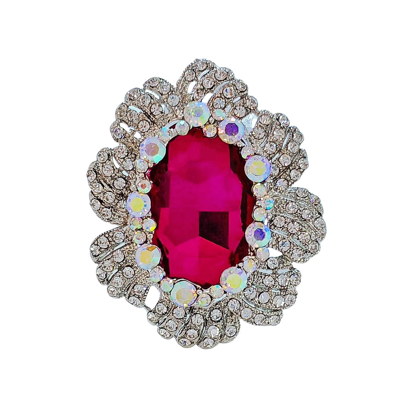 Jewelblings Nature Inspiration AB Crystal Accent Oval Shaped Flower Hot Pink Green Red Stone Women Brooches and Pins Vintage Costume Jewelry