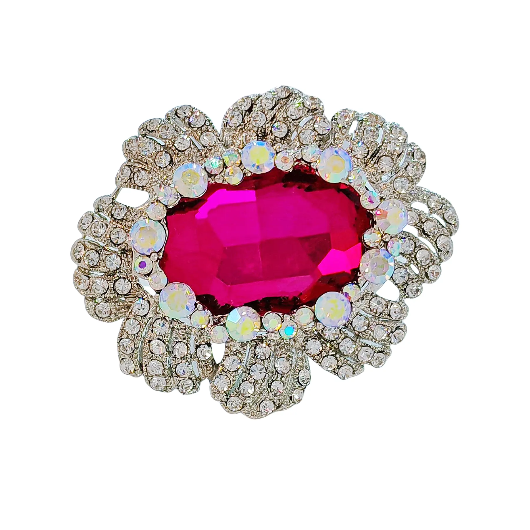 Jewelblings Nature Inspiration AB Crystal Accent Oval Shaped Flower Hot Pink Green Red Stone Women Brooches and Pins Vintage Costume Jewelry