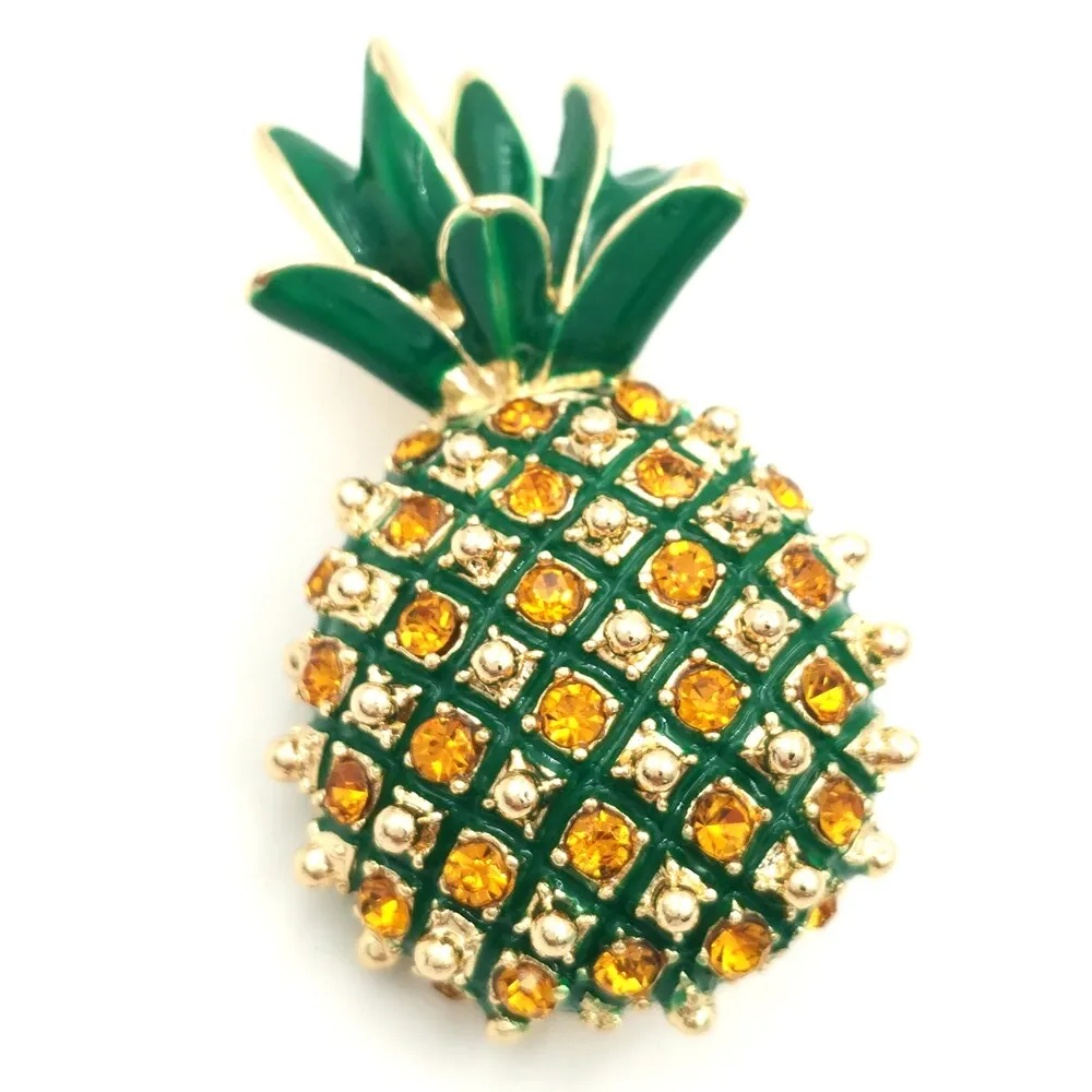 Jewelblings Vintage Micro Pave Yellow Orange Crystal Pineapple Brooch Gold Tone Enamel Leaf Cute Tropical Pineapple Pins Women Beach Jewelry