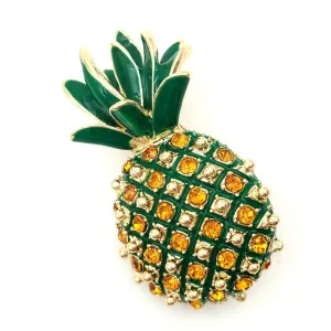 Jewelblings Vintage Micro Pave Yellow Orange Crystal Pineapple Brooch Gold Tone Enamel Leaf Cute Tropical Pineapple Pins Women Beach Jewelry