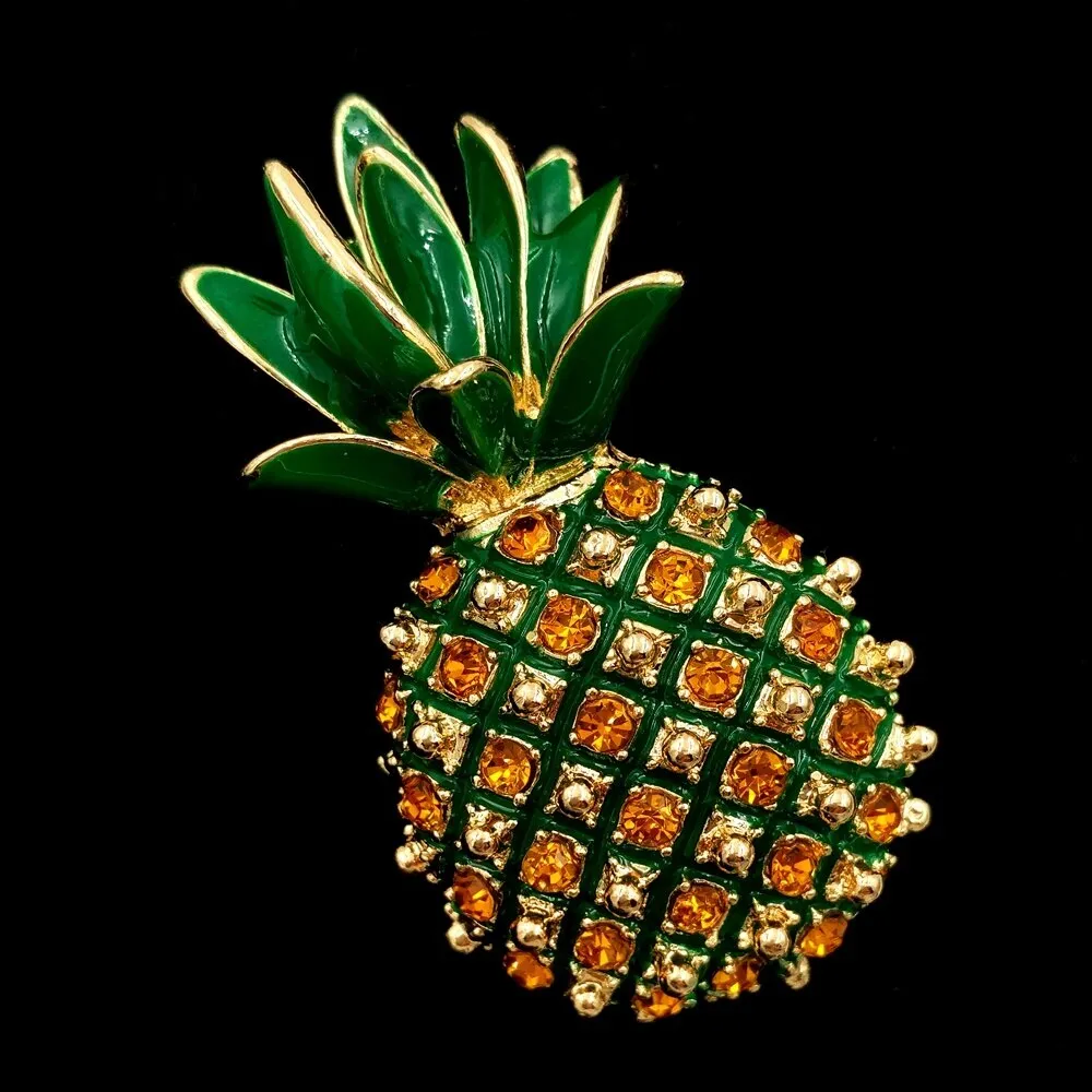 Jewelblings Vintage Micro Pave Yellow Orange Crystal Pineapple Brooch Gold Tone Enamel Leaf Cute Tropical Pineapple Pins Women Beach Jewelry