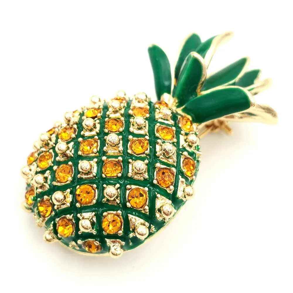 Jewelblings Vintage Micro Pave Yellow Orange Crystal Pineapple Brooch Gold Tone Enamel Leaf Cute Tropical Pineapple Pins Women Beach Jewelry