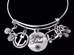 Kelleys Island Jewelry Lake Erie Ohio Expandable Charm Bracelet Silver Adjustable Bangle One Size Fits All Gift Bike Bicycle Golf Cart Flip Flops Anchor