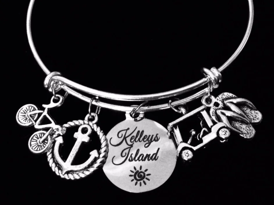 Kelleys Island Jewelry Lake Erie Ohio Expandable Charm Bracelet Silver Adjustable Bangle One Size Fits All Gift Bike Bicycle Golf Cart Flip Flops Anchor