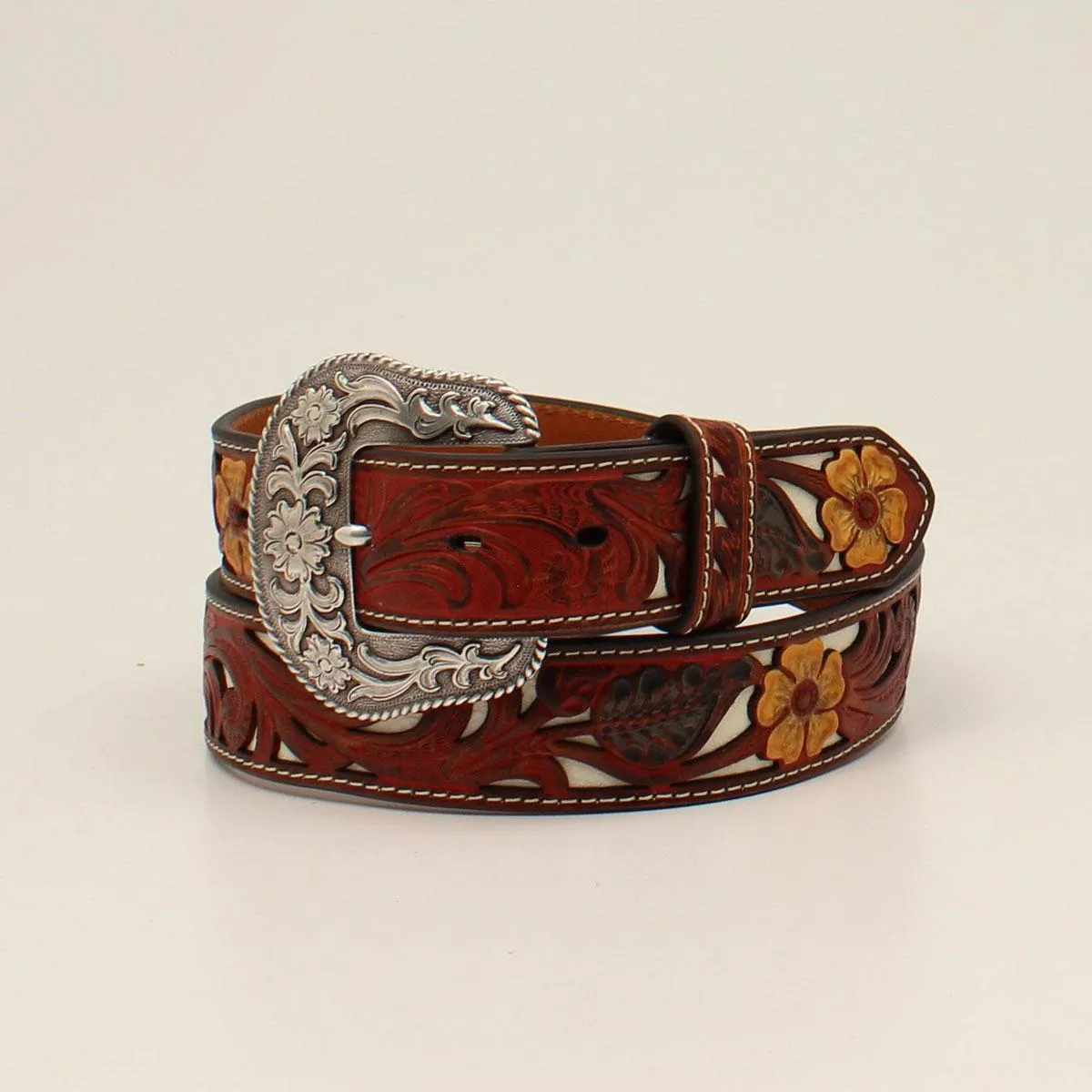 LADIES NOCONA LADIES BELT 1 1/2 FLOWER EMBOSSED OVERLAY RED
