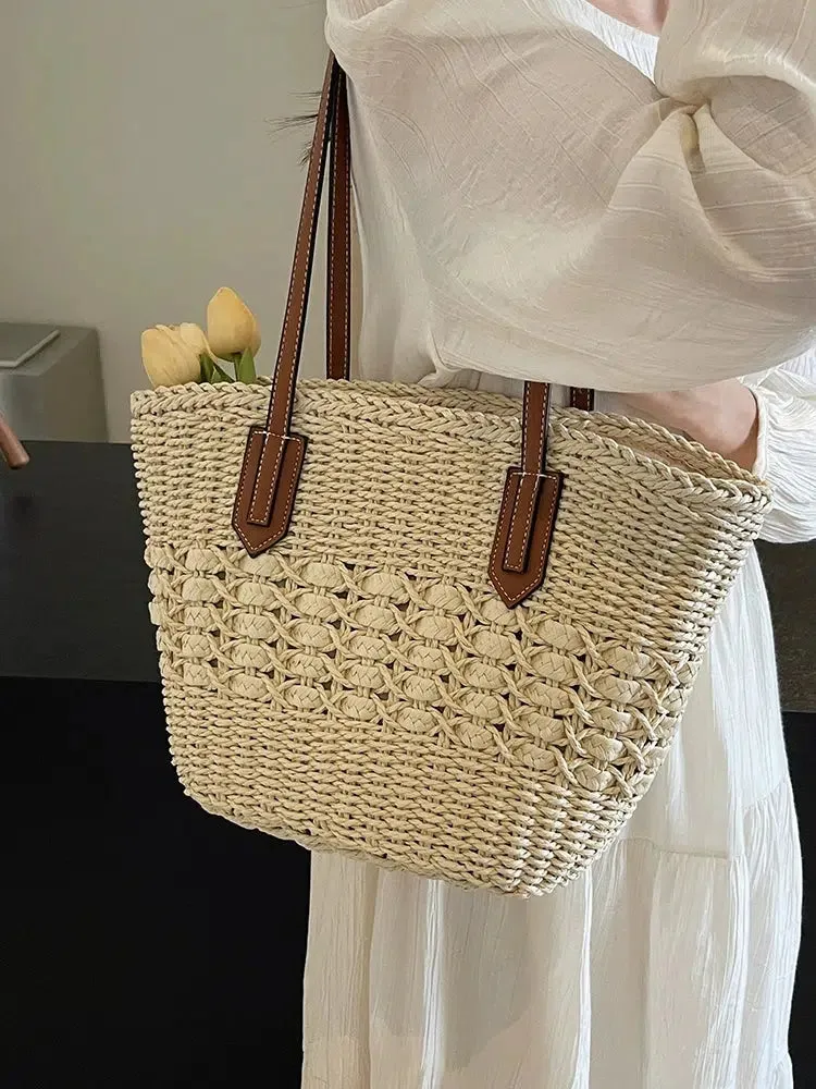 Leather Handles Woven Straw Tote Bag