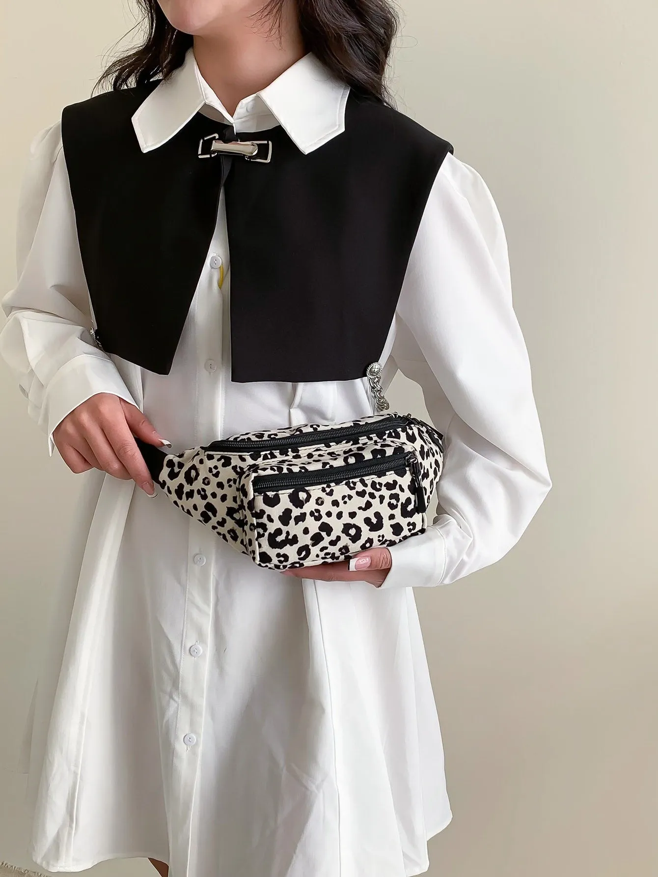 Leopard Pattern Fanny Pack - Black and White