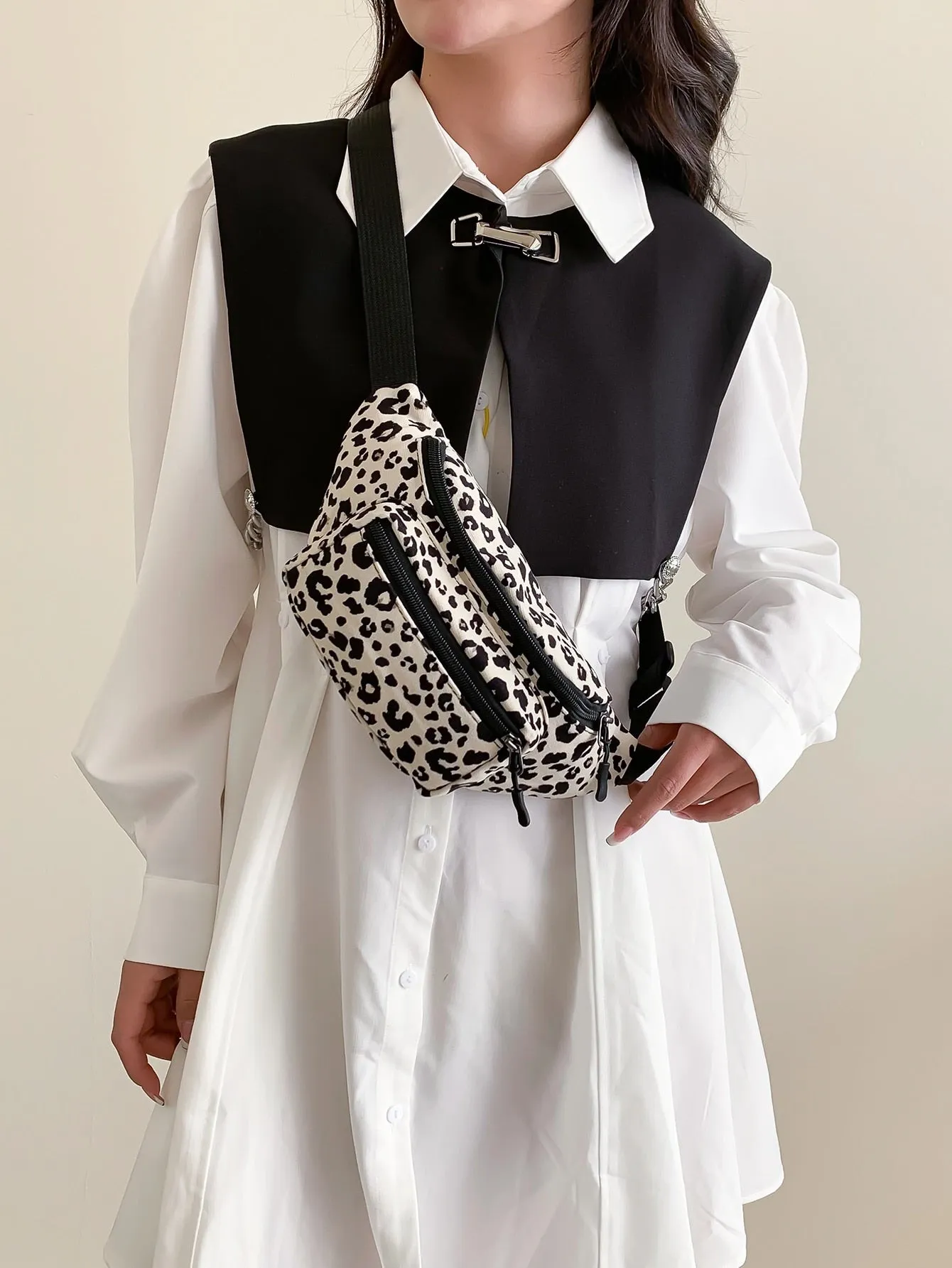 Leopard Pattern Fanny Pack - Black and White