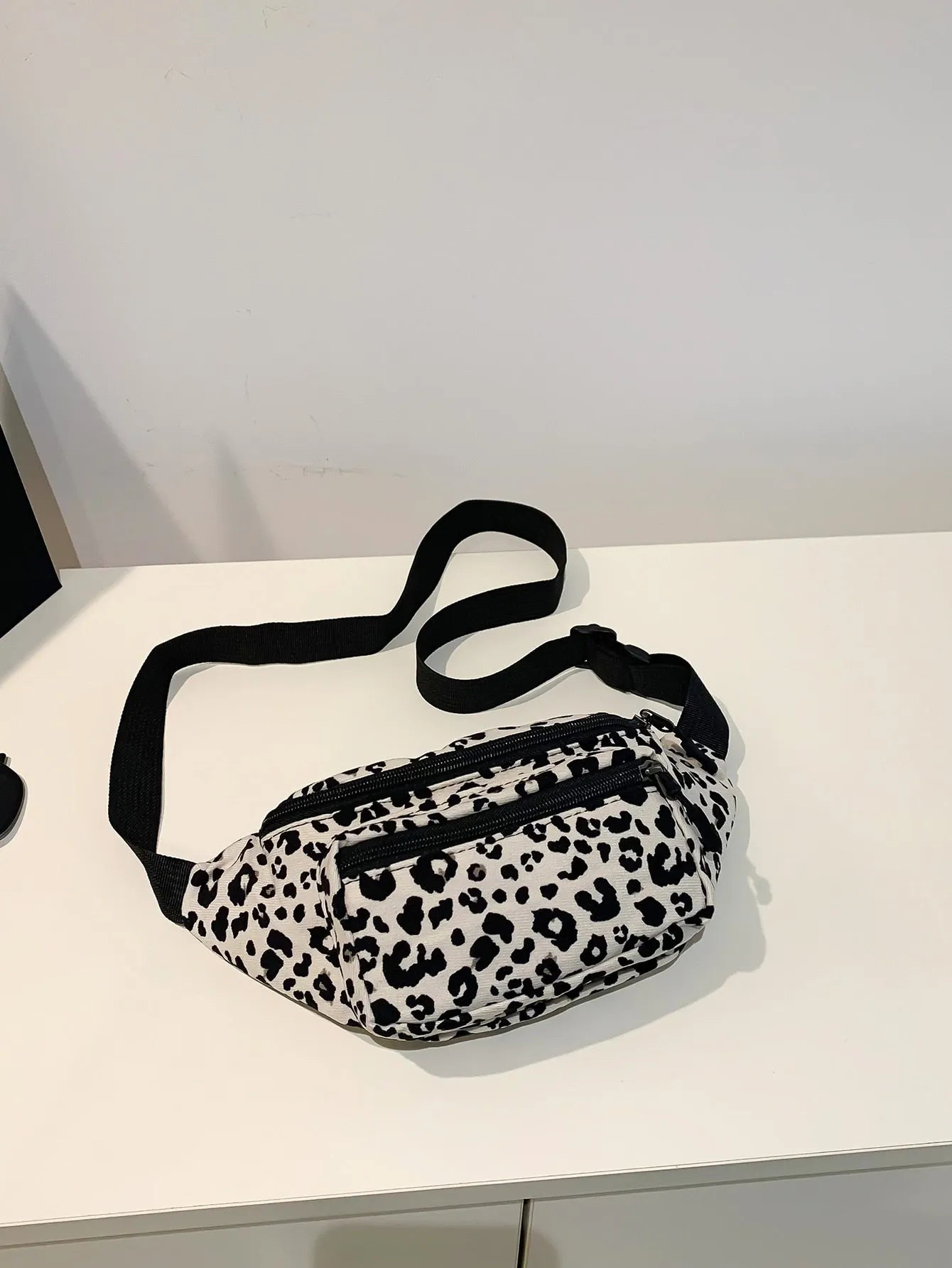 Leopard Pattern Fanny Pack - Black and White