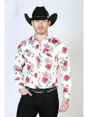 Long Sleeve Denim Shirt with White Floral Print Brooches / Flowers for Men 'The Lord of the Skies' - ID: 43935