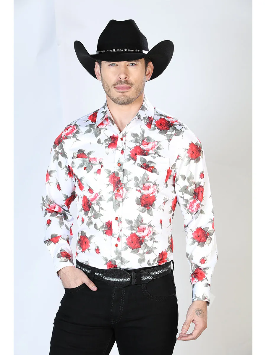 Long Sleeve Denim Shirt with White Floral Print Brooches / Flowers for Men 'The Lord of the Skies' - ID: 43935