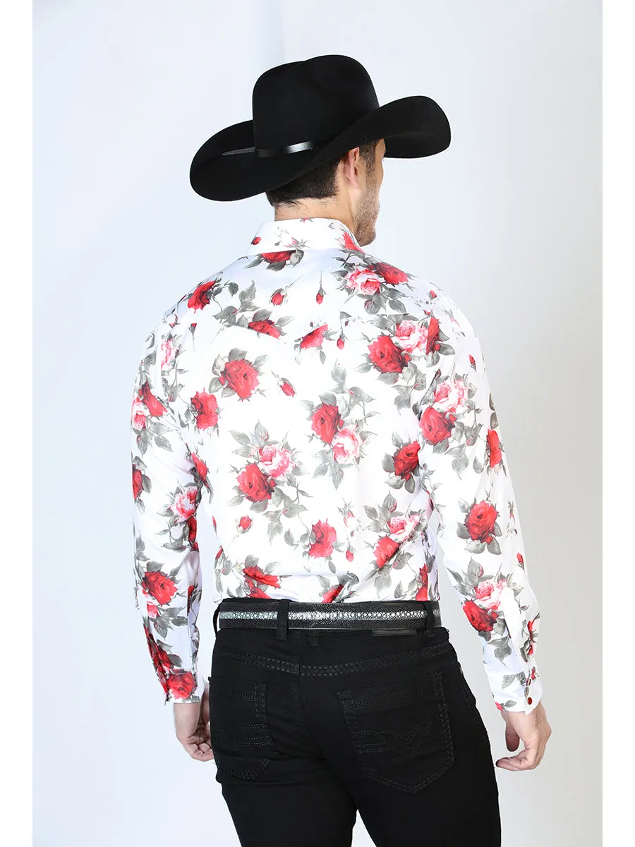 Long Sleeve Denim Shirt with White Floral Print Brooches / Flowers for Men 'The Lord of the Skies' - ID: 43935