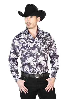 Long Sleeve Denim Shirt with Wine / White Floral Print Brooches for Men 'The Lord of the Skies' - ID: 43948