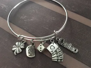 Lucky Casino Dice Playing Cards and Four Leaf Clover Charm Silver Expandable Adjustable Wire Bangle Bracelet Stacking Handmade Trendy Gamble Gift