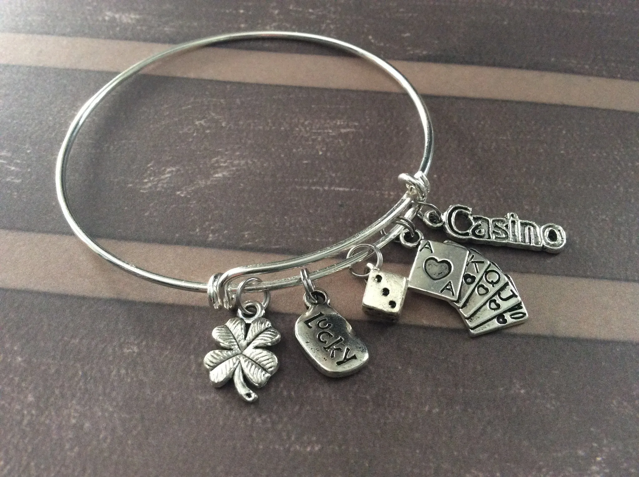 Lucky Casino Dice Playing Cards and Four Leaf Clover Charm Silver Expandable Adjustable Wire Bangle Bracelet Stacking Handmade Trendy Gamble Gift