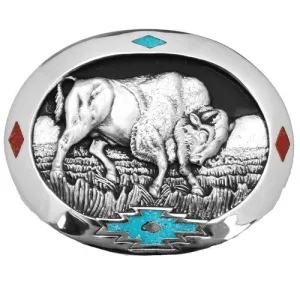 Made in the USA - Bison Belt Buckle with Turquoise & Coral Inlay