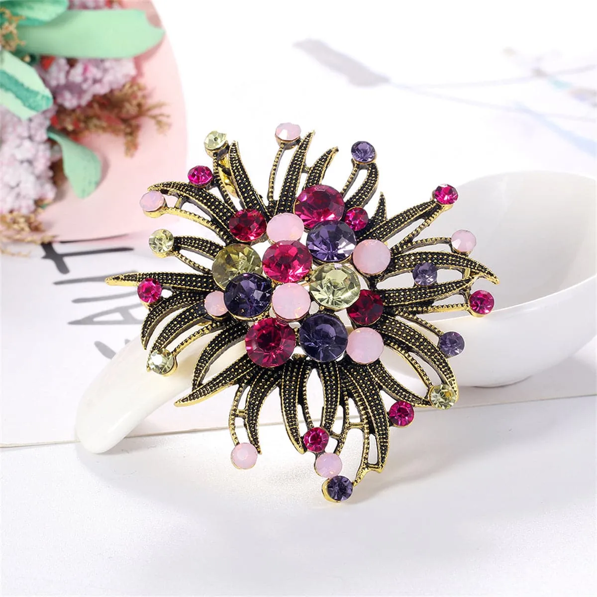 Magenta & Purple Crystal Milgrain Cluster Floral Brooch