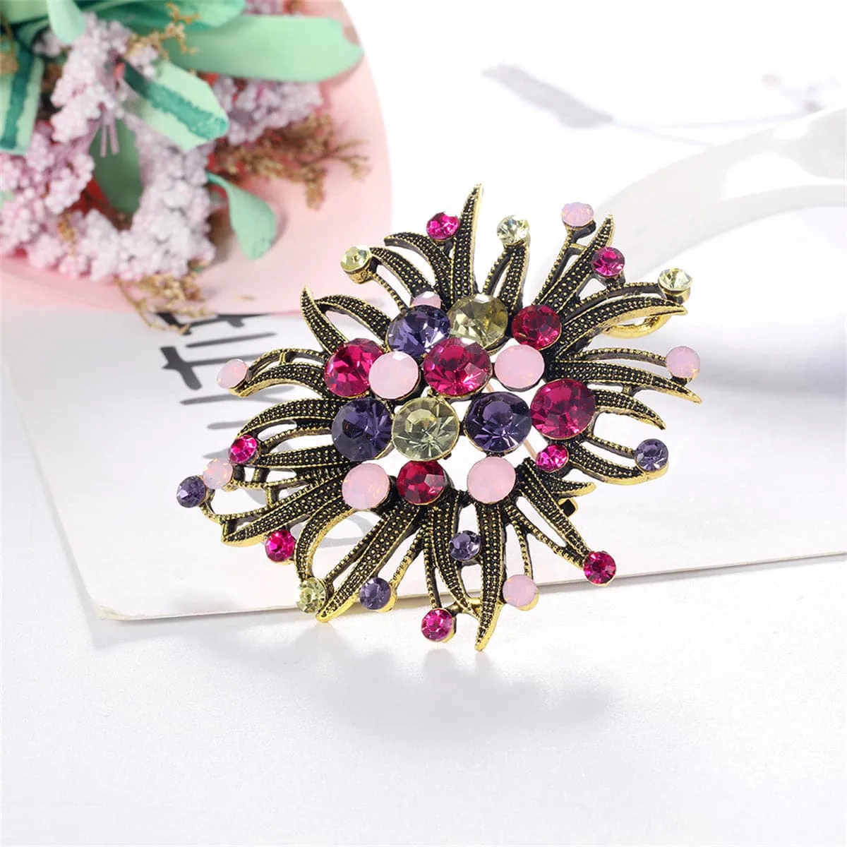 Magenta & Purple Crystal Milgrain Cluster Floral Brooch