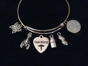 Medical Alert Food Allergy Expandable Charm Bracelet Silver Adjustable Bangle Gift Jewelry Shellfish, Milk, Peanuts