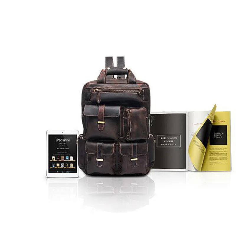 Men Retro Travel Backpack Crazy Horse Leather Backpack Large Capacity Backpack B826