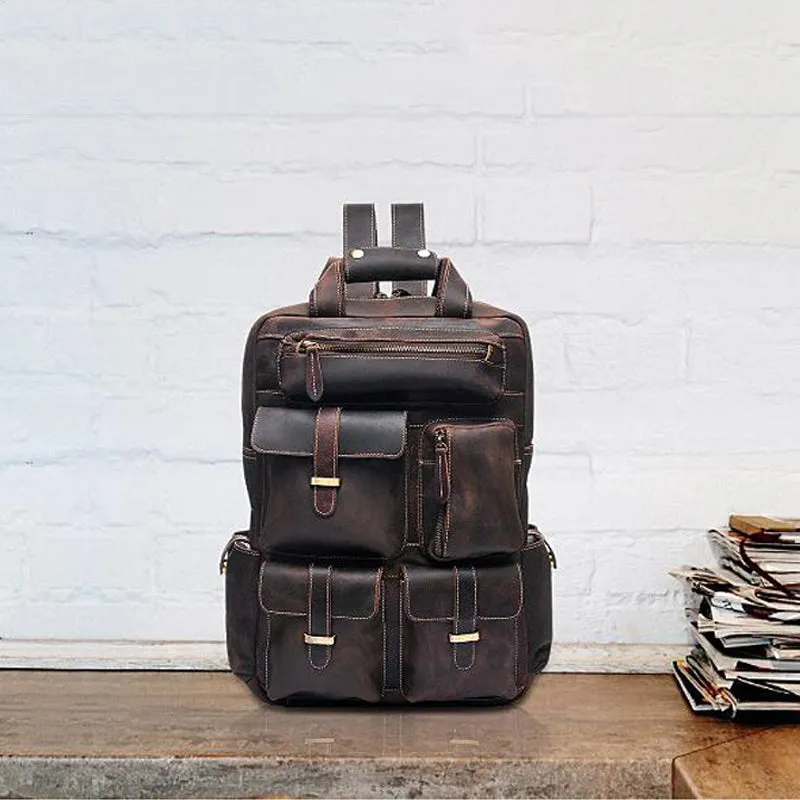 Men Retro Travel Backpack Crazy Horse Leather Backpack Large Capacity Backpack B826