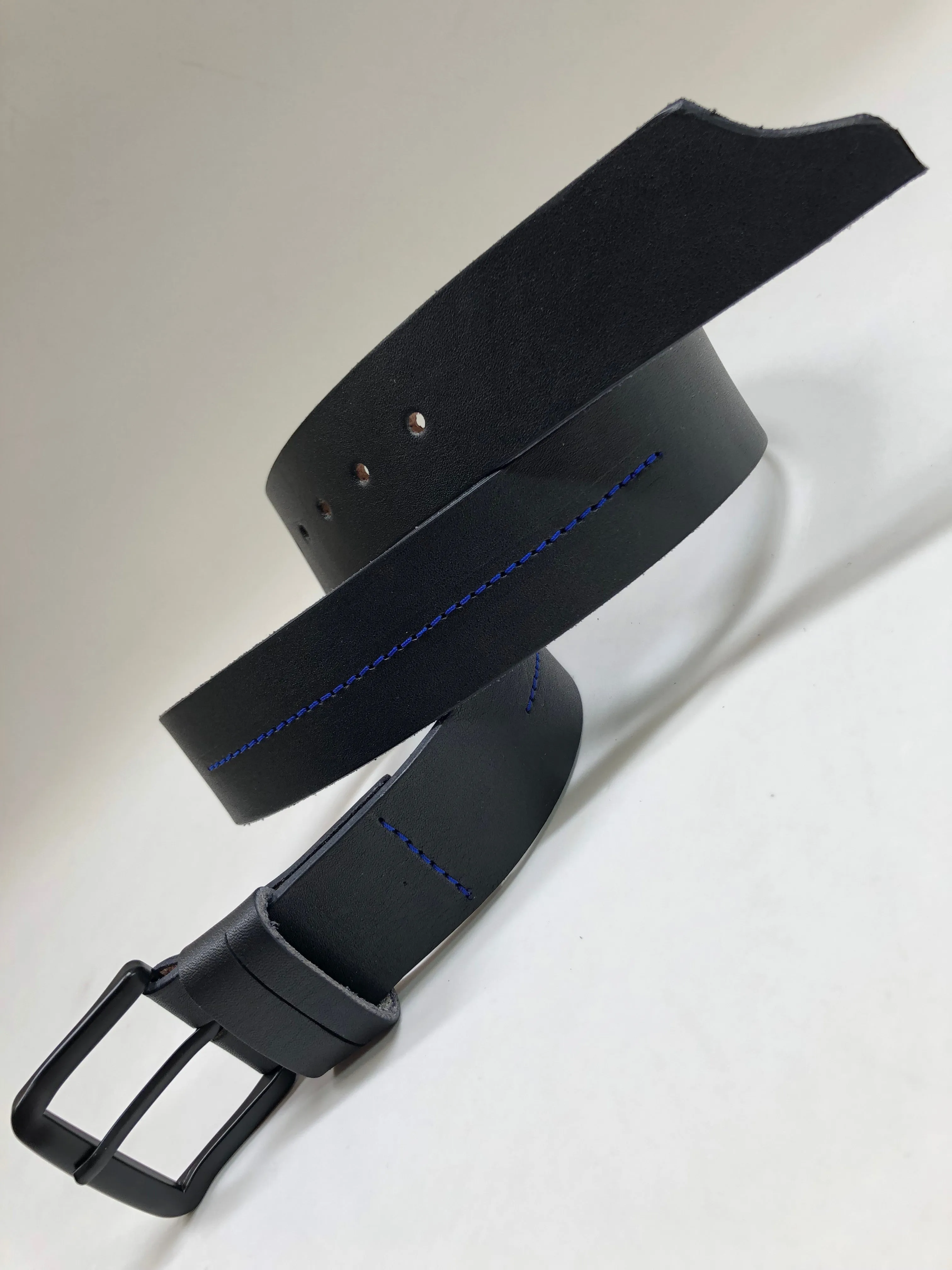 Men's Black Leather Belt with Blue Stitching 34C3