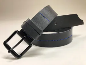Men's Black Leather Belt with Blue Stitching 34C3