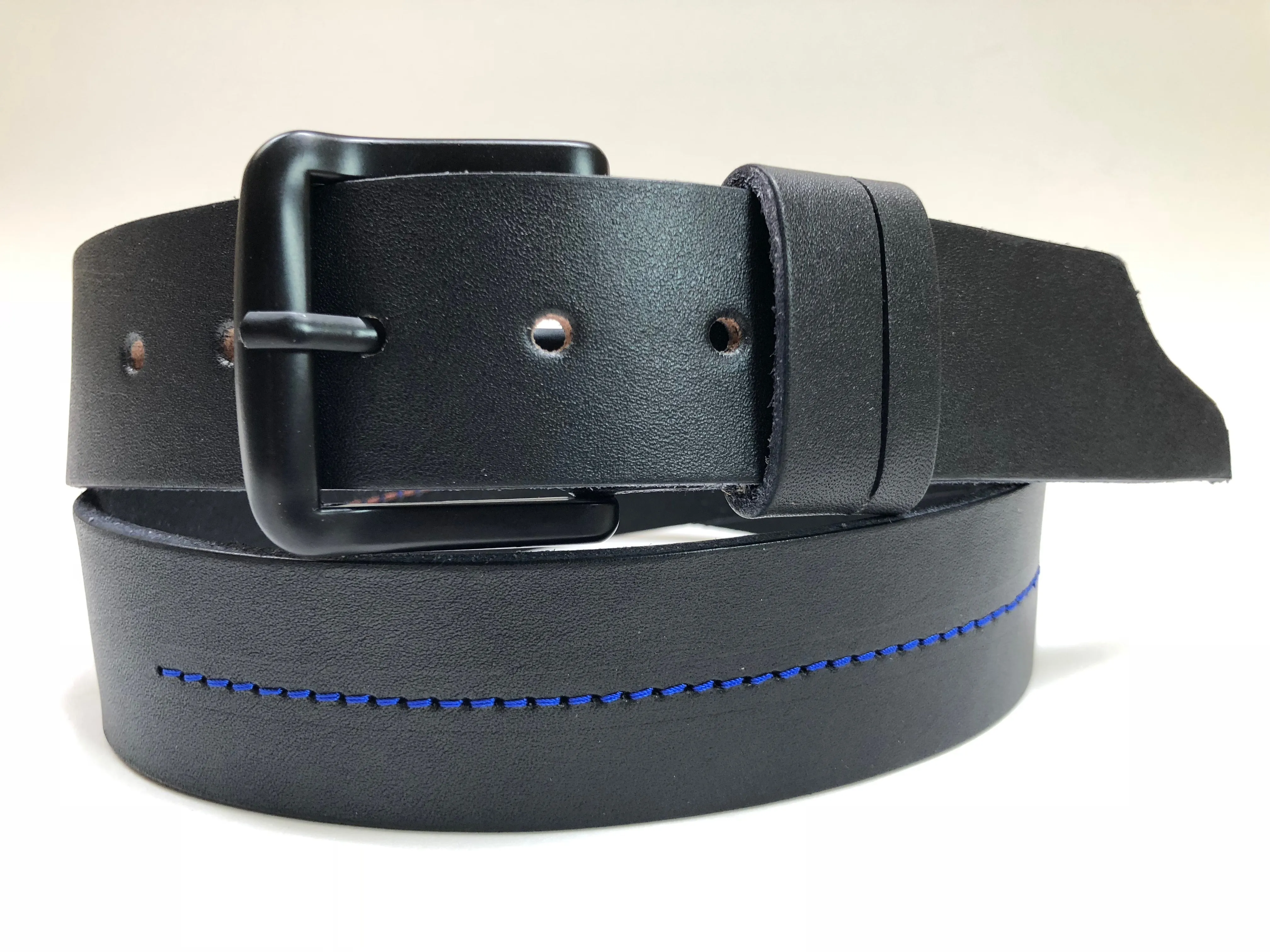 Men's Black Leather Belt with Blue Stitching 34C3