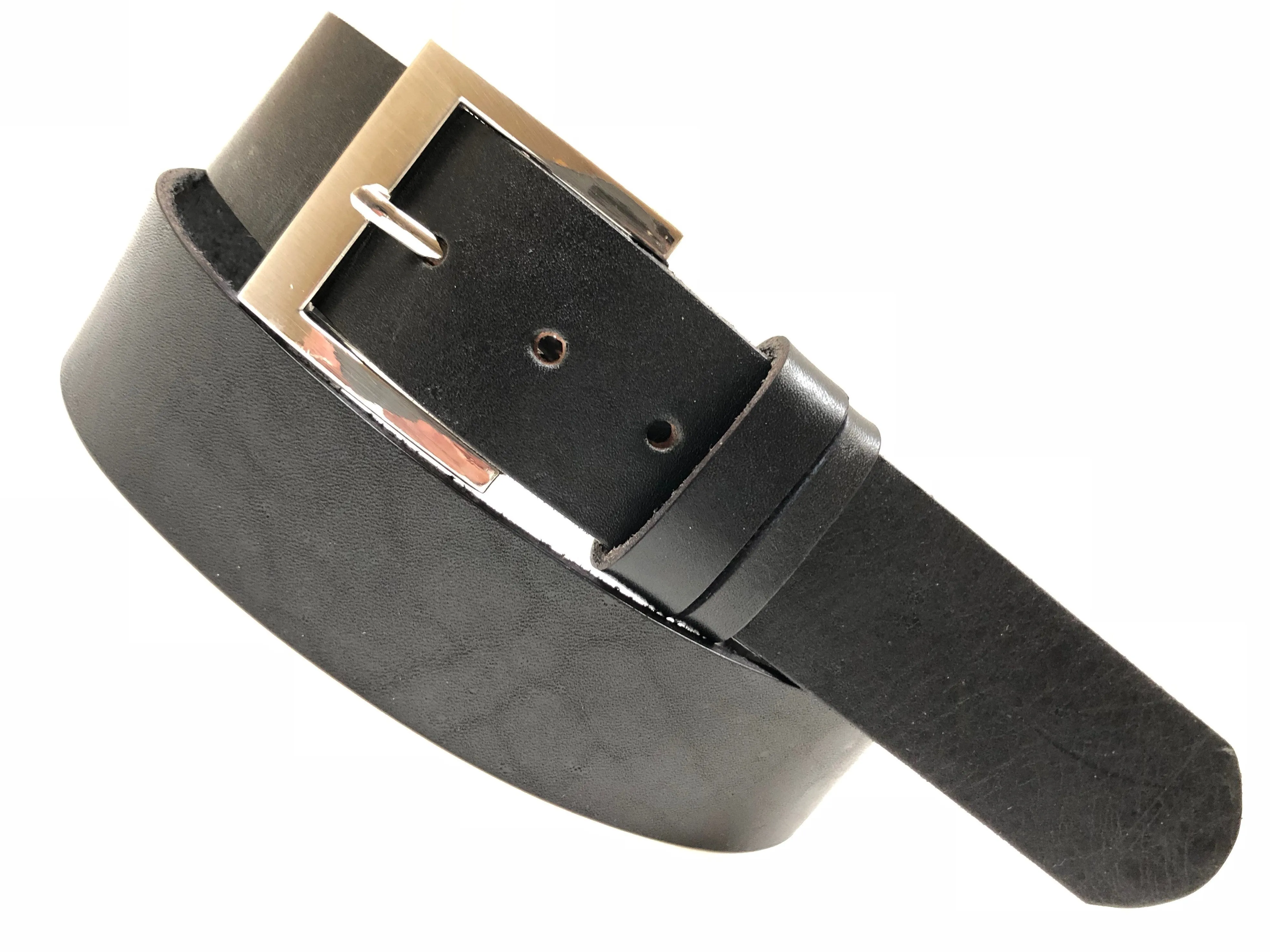 Men's Black Leather Belt with Silver Tone Buckle 38A2