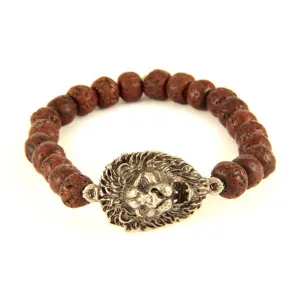 Mens Brown Beaded Elastic Bracelet with Silver Lion Head Charm