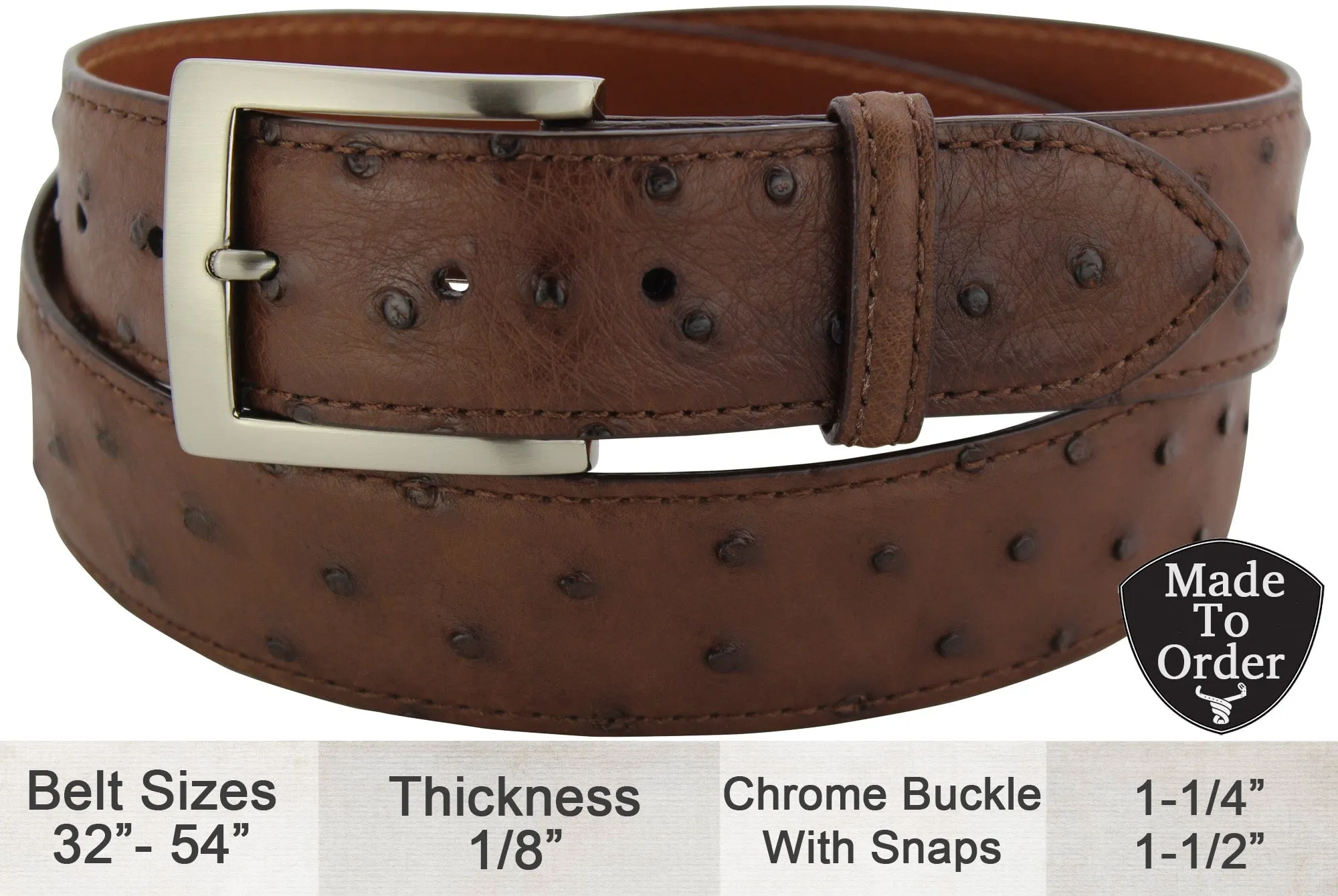 Men's Brown Ostrich Designer Full Grain Leather Belt **Made To Order Allow 5 To 6 Weeks To Ship