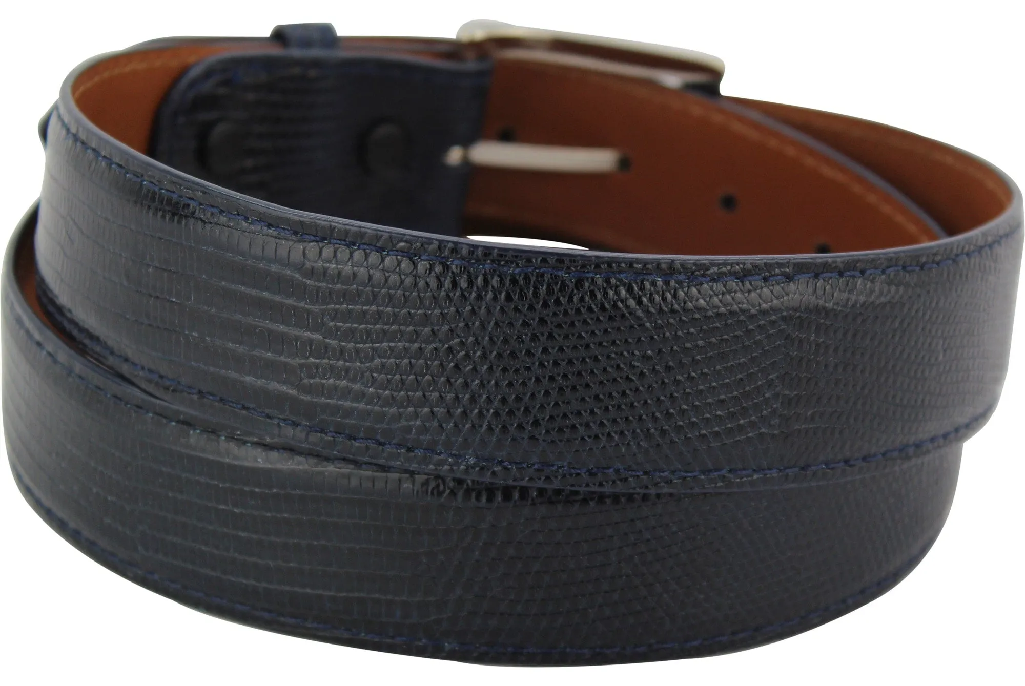 Men's Navy Blue Lizard Skin Designer Full Grain Leather Belt **Made To Order Allow 5 To 6 Weeks To Ship