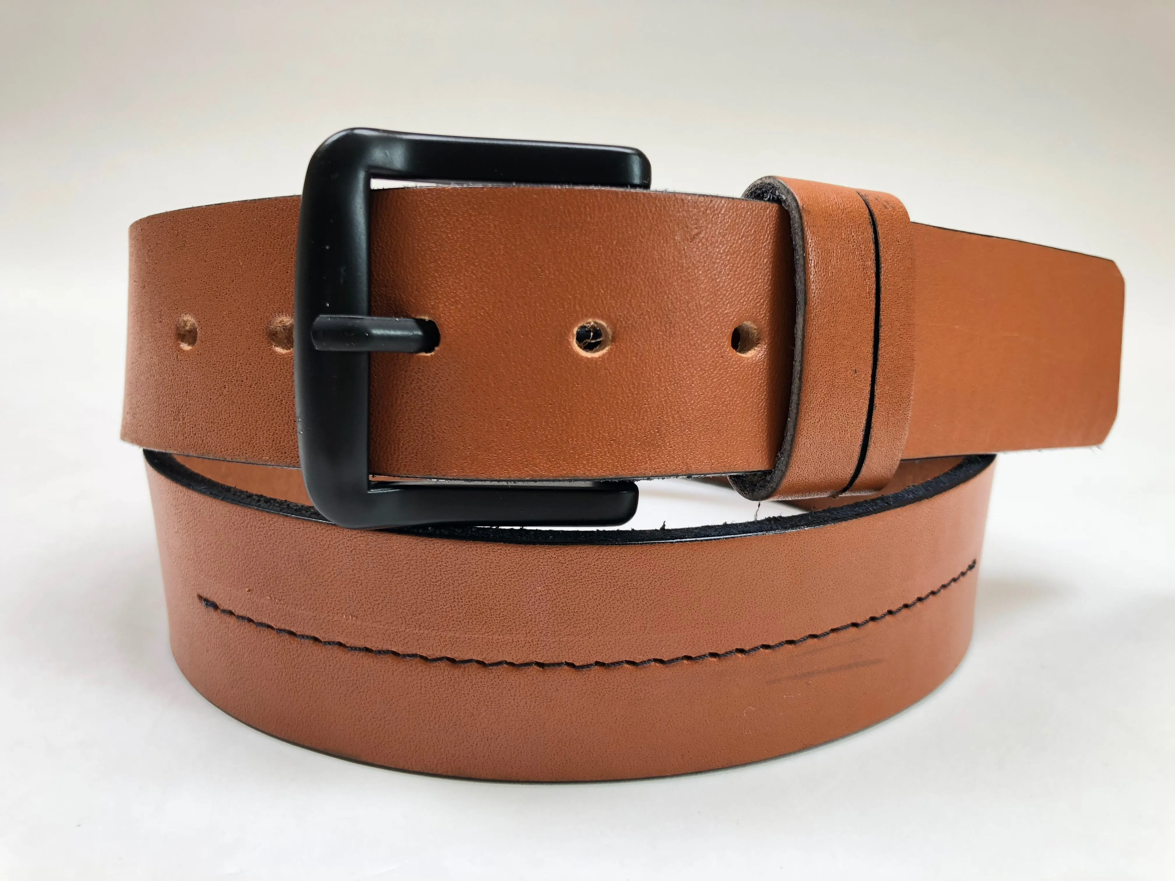 Men's tan leather belt with black stitching SKU#36C2