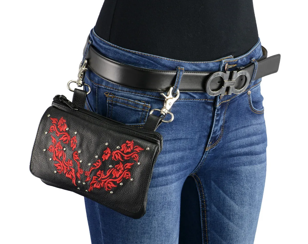 Milwaukee Leather MP8853 Women's 'Flower' Black and Red Leather Multi Pocket Belt Bag