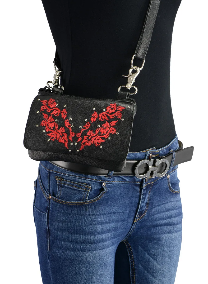 Milwaukee Leather MP8853 Women's 'Flower' Black and Red Leather Multi Pocket Belt Bag