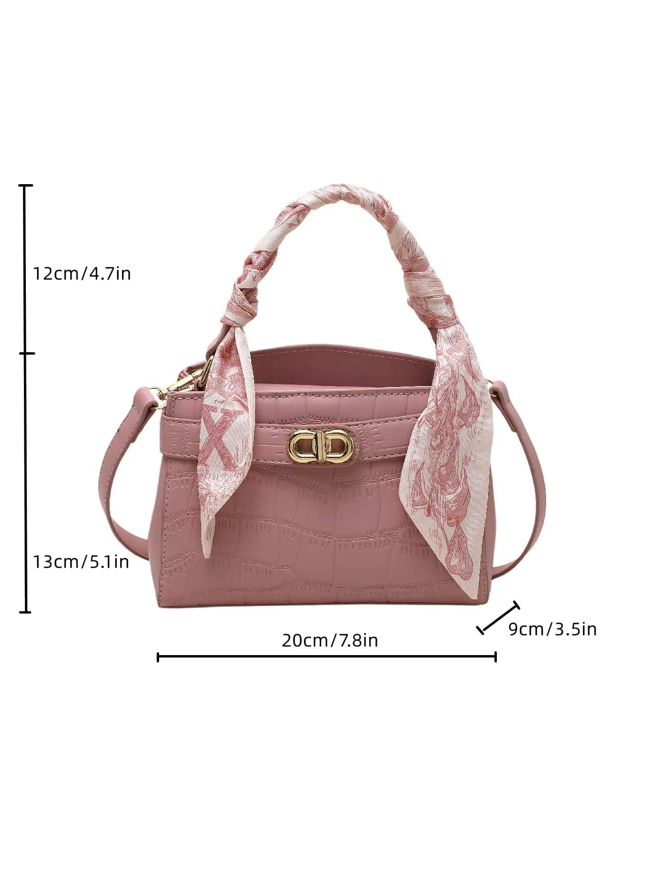Mini Crocodile Embossed Twilly Scarf Decor Twist Lock Square Bag - Pink