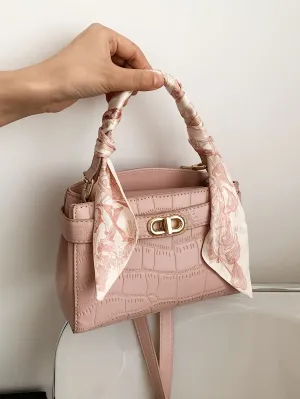 Mini Crocodile Embossed Twilly Scarf Decor Twist Lock Square Bag - Pink