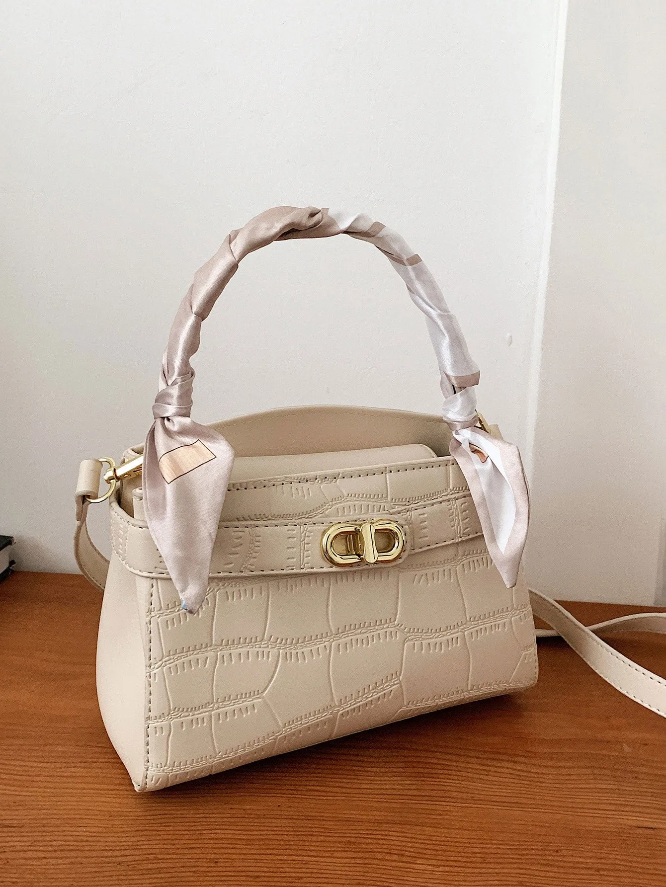 Mini Crocodile Embossed Twilly Scarf Decor Twist Lock Square Bag - White