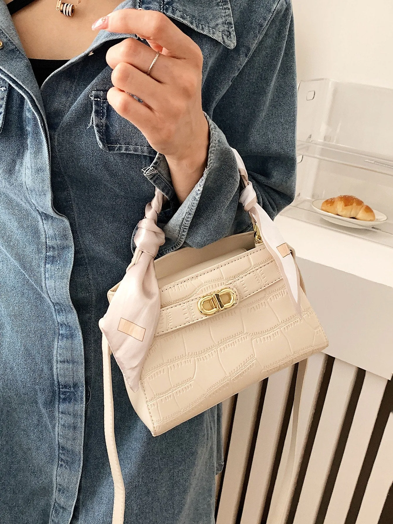 Mini Crocodile Embossed Twilly Scarf Decor Twist Lock Square Bag - White