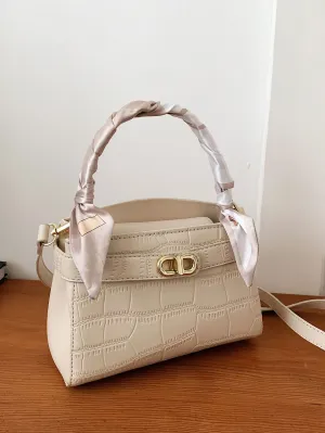 Mini Crocodile Embossed Twilly Scarf Decor Twist Lock Square Bag - White