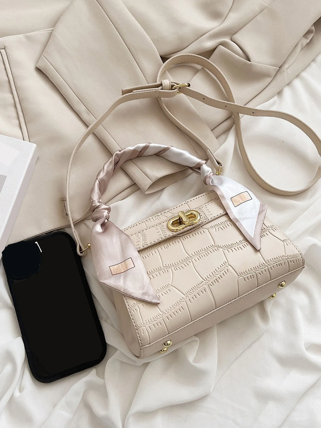Mini Crocodile Embossed Twilly Scarf Decor Twist Lock Square Bag - White
