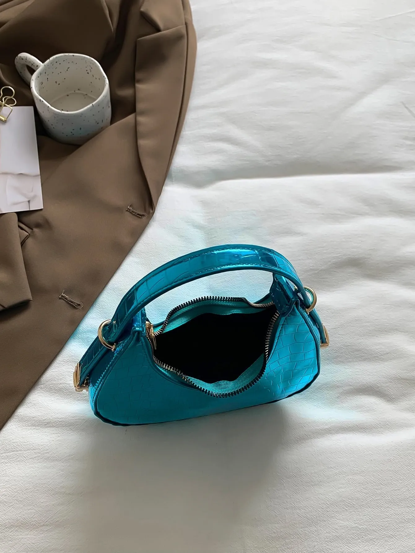 Mini Neon Pink Crocodile Embossed Hobo Bag - Teal