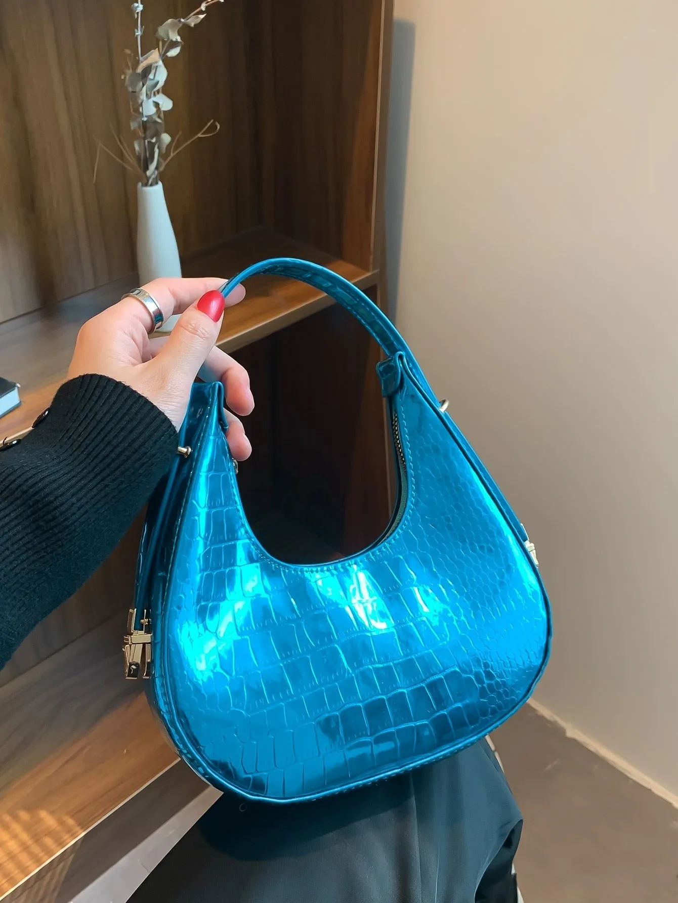 Mini Neon Pink Crocodile Embossed Hobo Bag - Teal