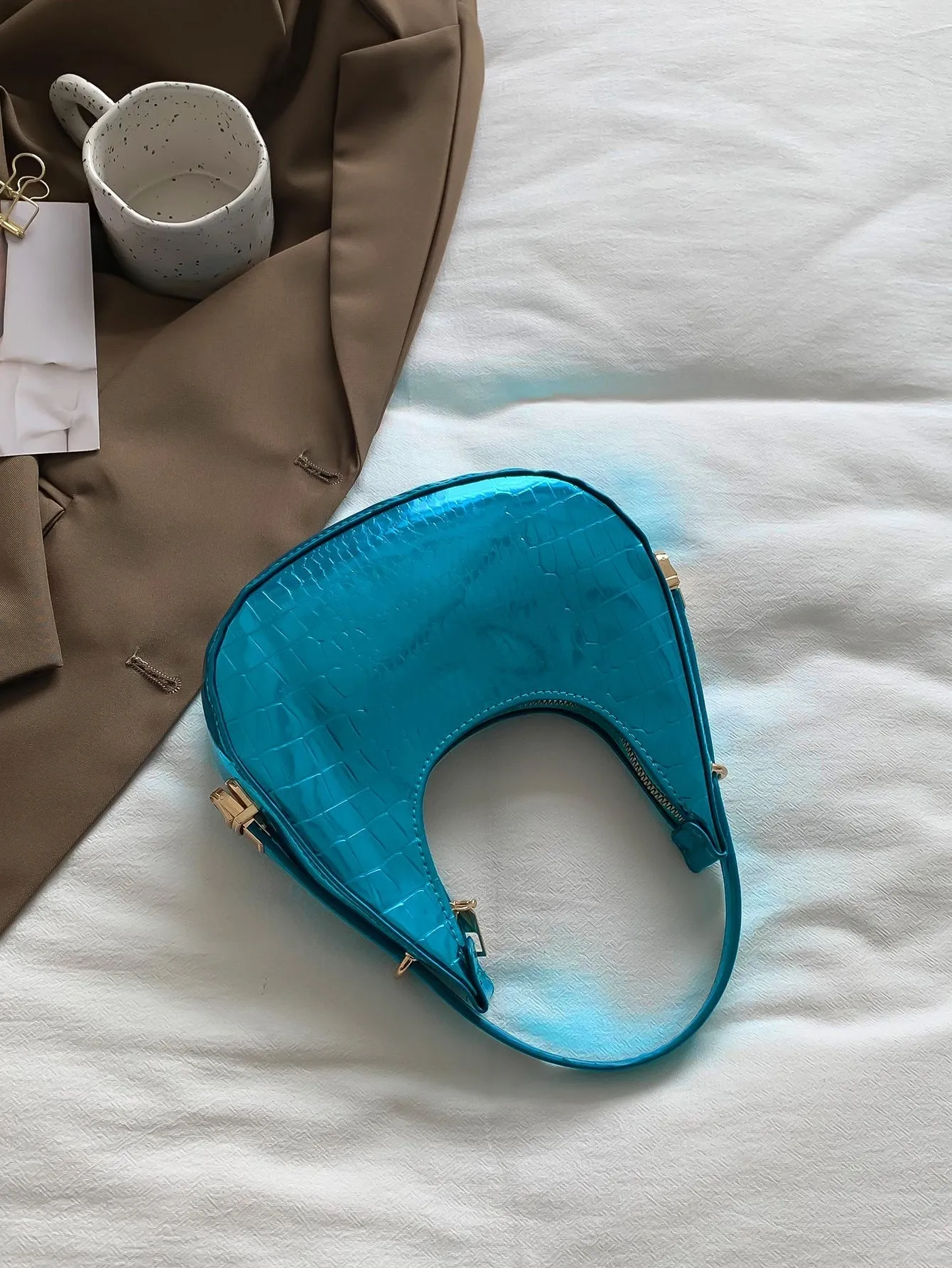 Mini Neon Pink Crocodile Embossed Hobo Bag - Teal