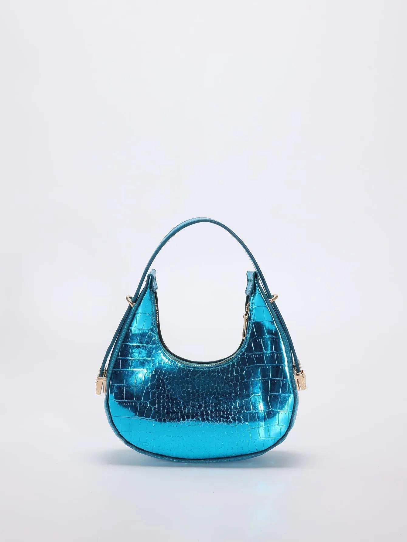 Mini Neon Pink Crocodile Embossed Hobo Bag - Teal