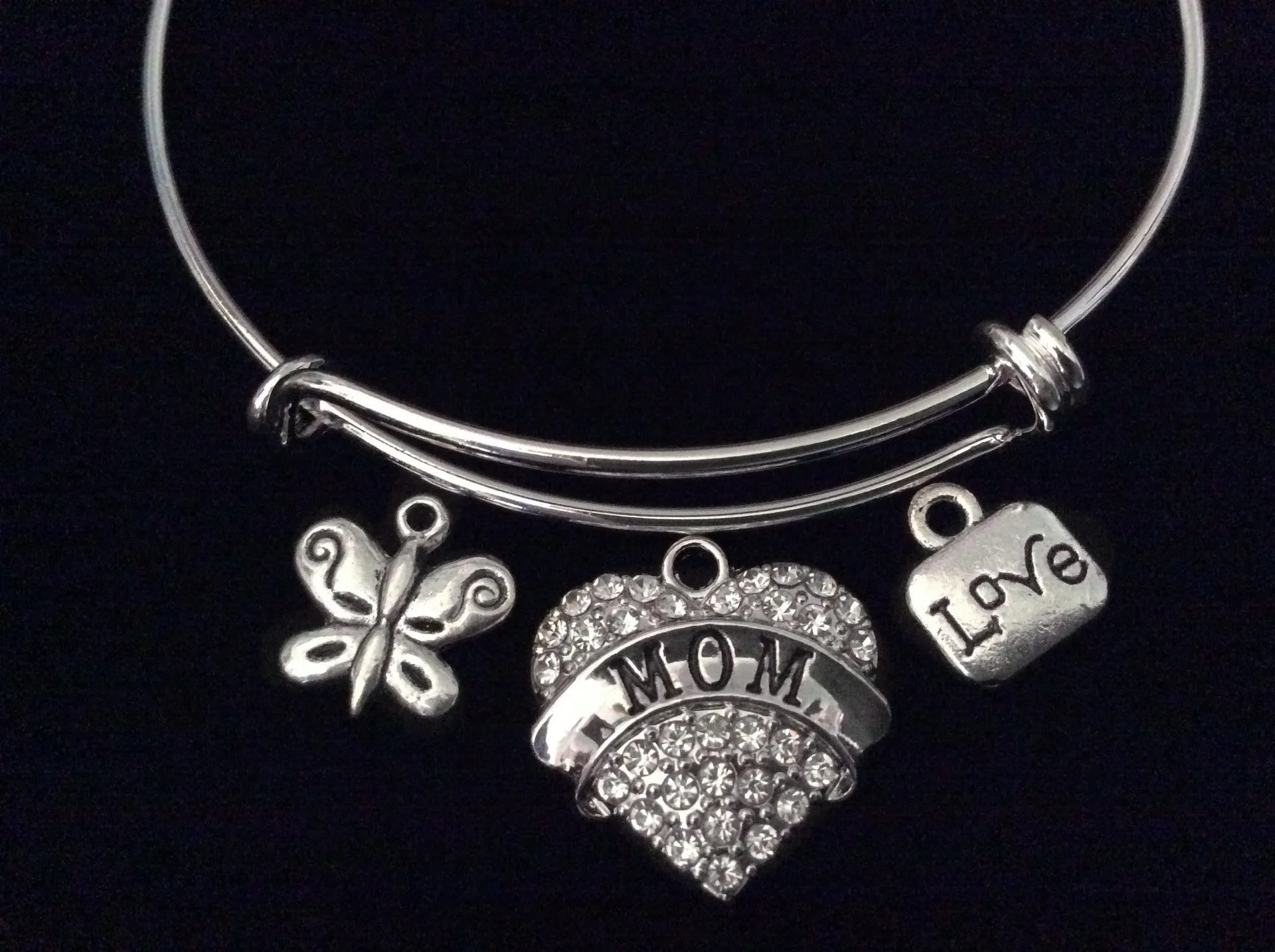 Mom Crystal Heart Mothers Day Special Expandable Charm Bracelet Silver Adjustable Bangle Trendy Gift