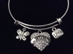 Mom Crystal Heart Mothers Day Special Expandable Charm Bracelet Silver Adjustable Bangle Trendy Gift