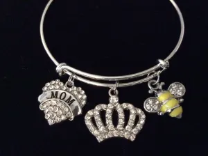 Mom Queen Bee Crown Crystal Adjustable Bracelet Silver Expandable Charm Bangle Trendy One Size Fits All Gift