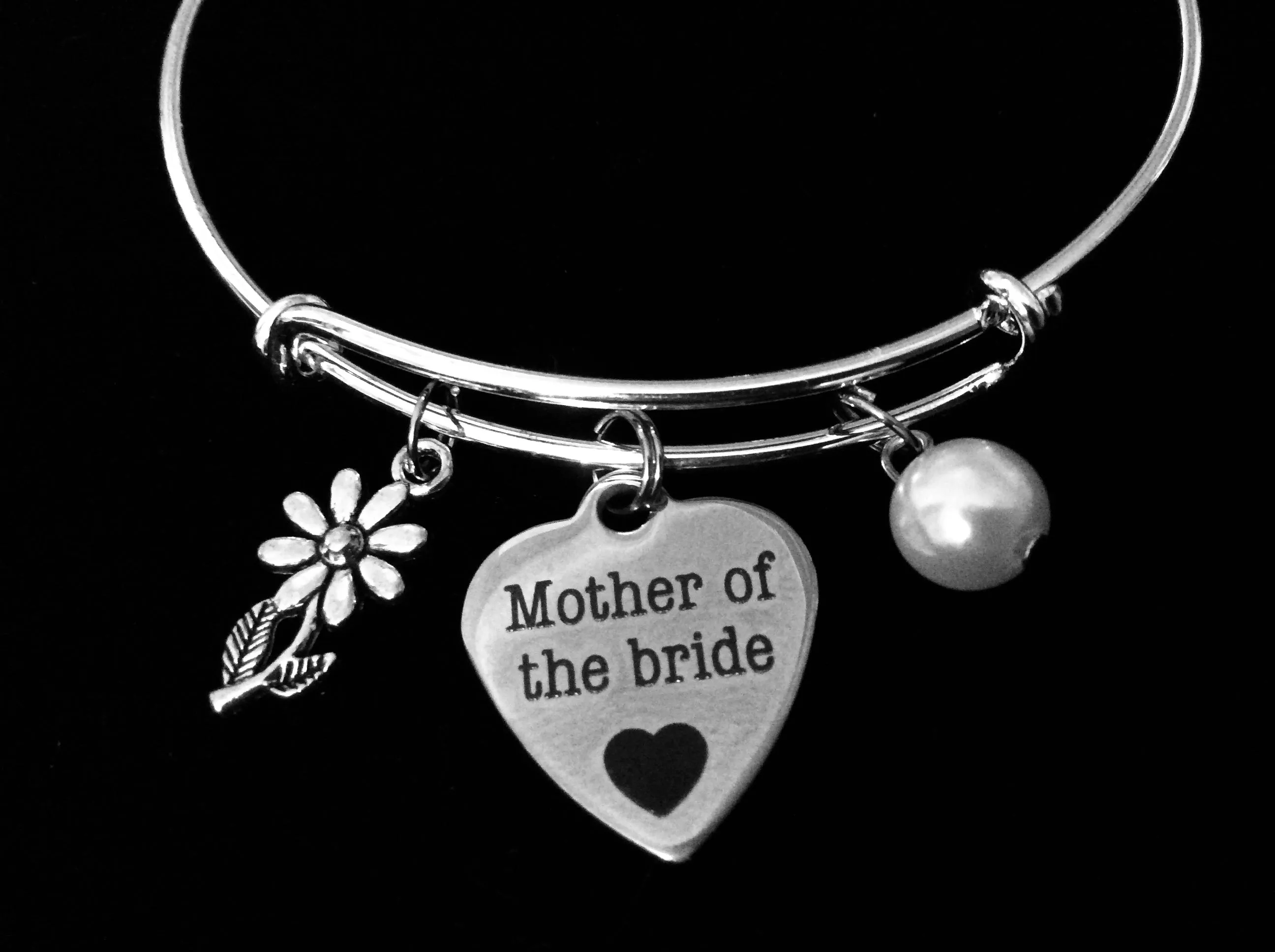 Mother of the Bride Jewelry Adjustable Bracelet Expandable Silver Charm Bangle Wedding One Size Fits All Gift